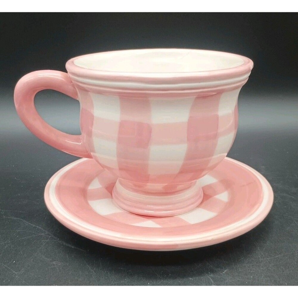 Cracker Barrel Pink And White Gingham Ceramic Cup And Saucer 1988